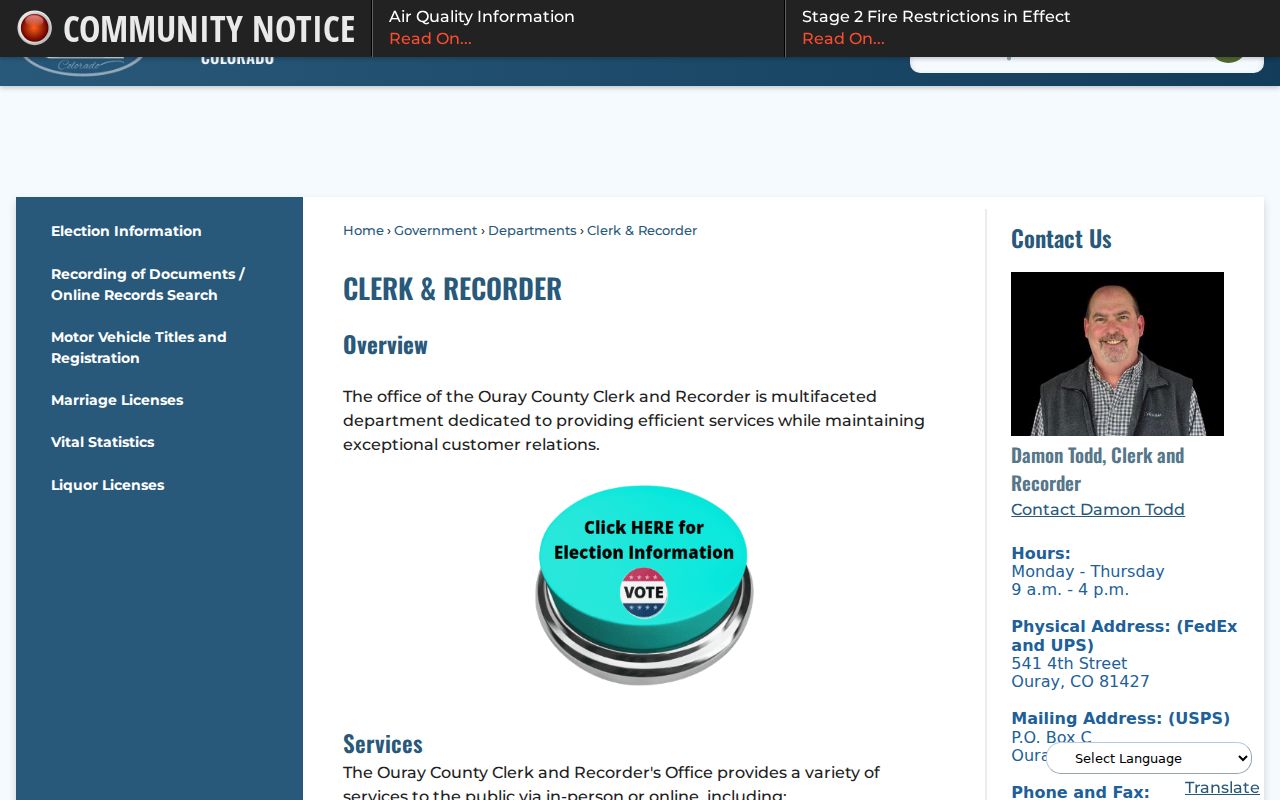 Ouray County Clerk of Court distinction from County Clerk and Recorder records
