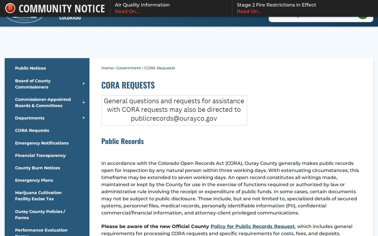 Ouray County Clerk of Court public records request distinction from CORA records