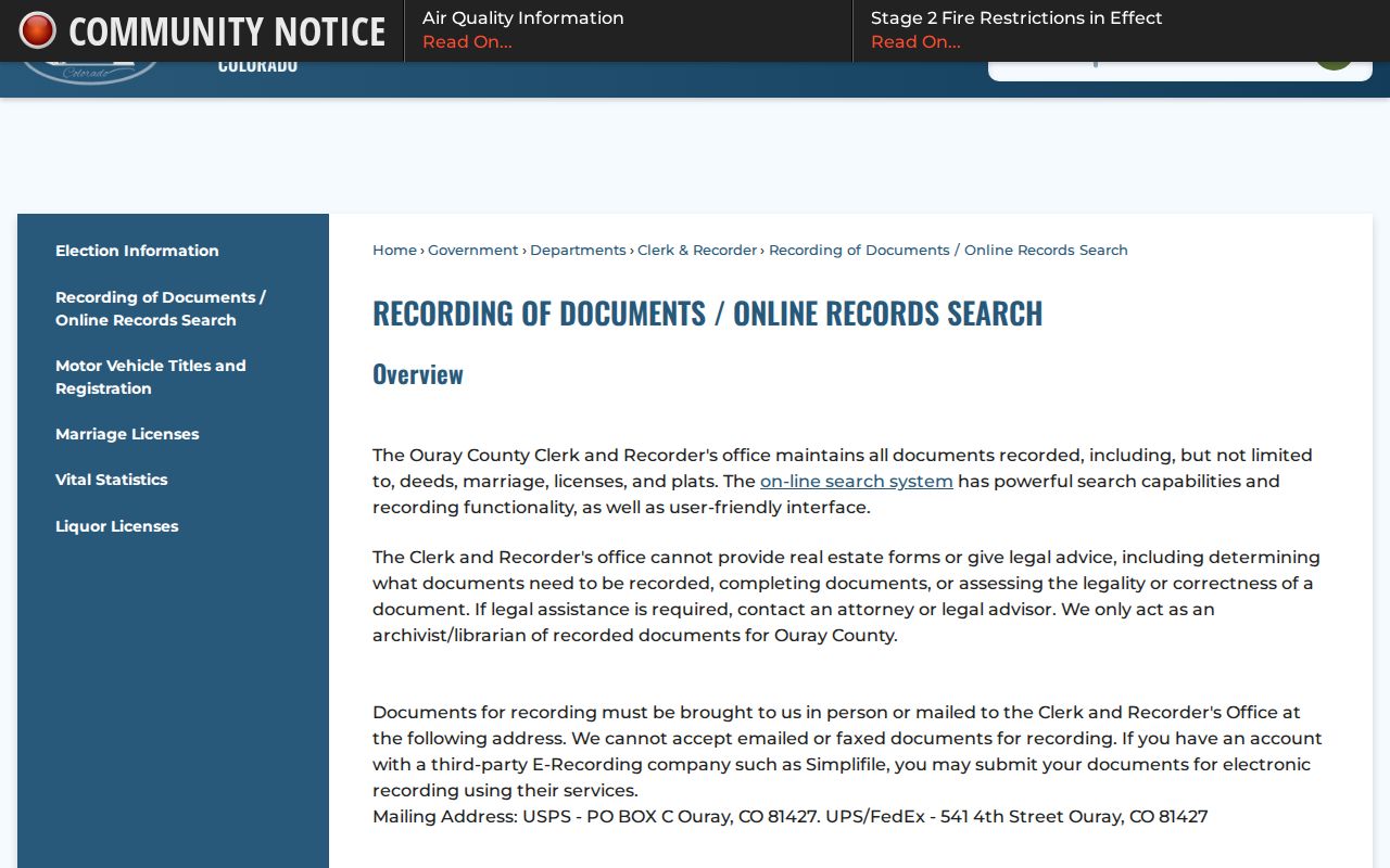 Ouray County Clerk of Court location for certified court record copies