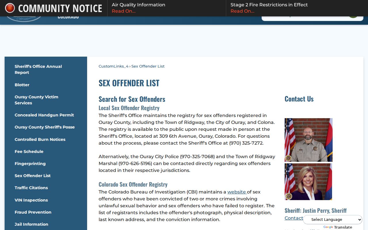 Ouray County criminal court records sex offender registry access