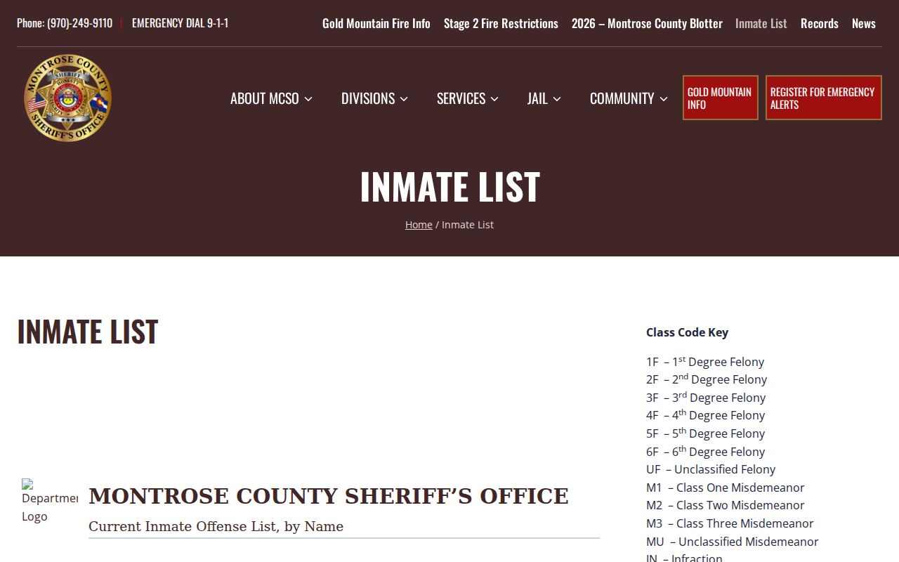 Ouray County inmate search through Montrose County current inmate list