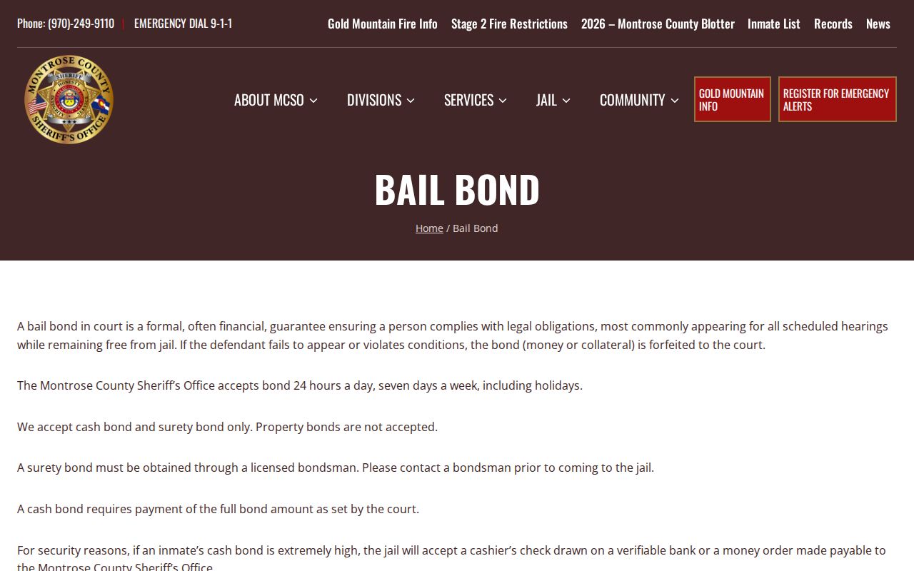 Ouray County inmate bond information through Montrose jail