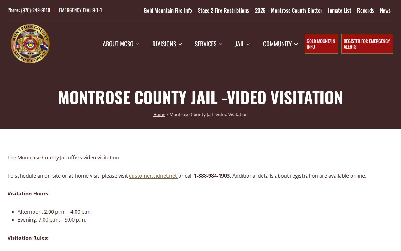 Ouray County inmate video visitation schedule through Montrose jail