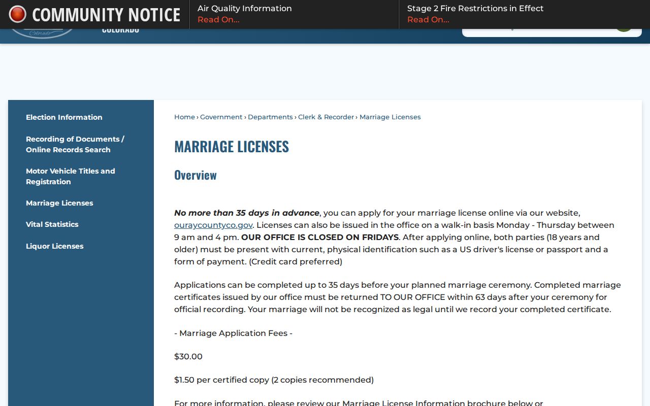 Ouray County marriage records and marriage license application page
