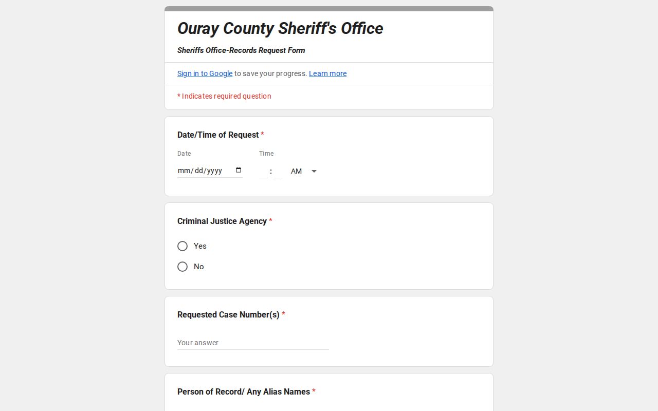 Ouray County divorce records distinction from sheriff records request form