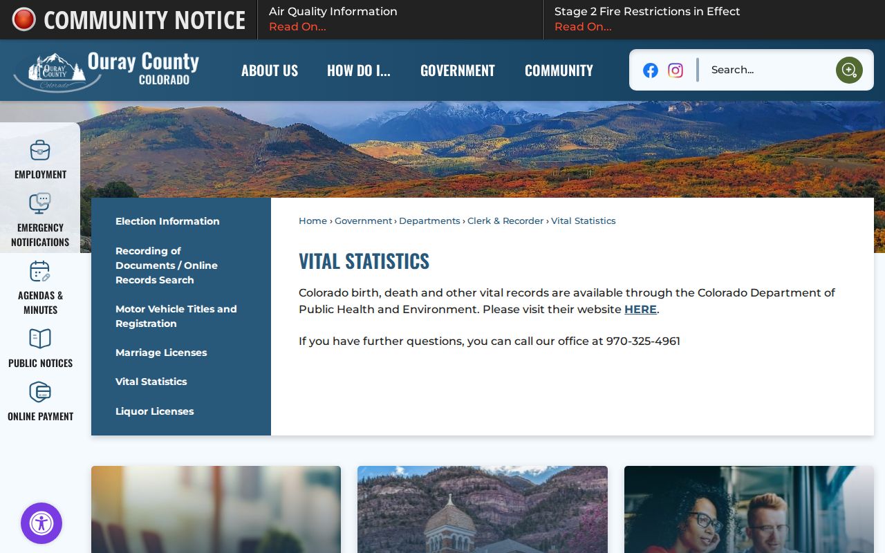 Ouray County marriage records and vital statistics page