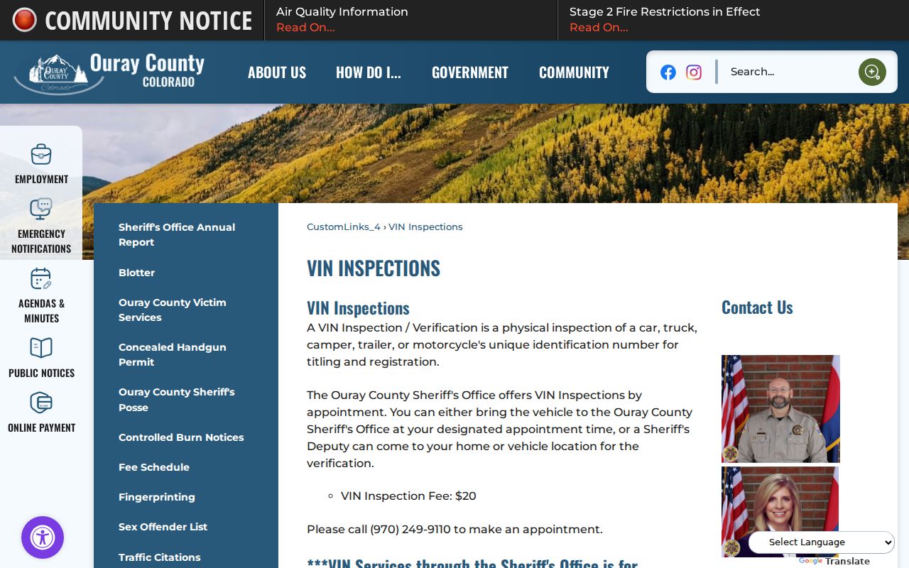 Ouray County traffic court records and sheriff vehicle inspection services