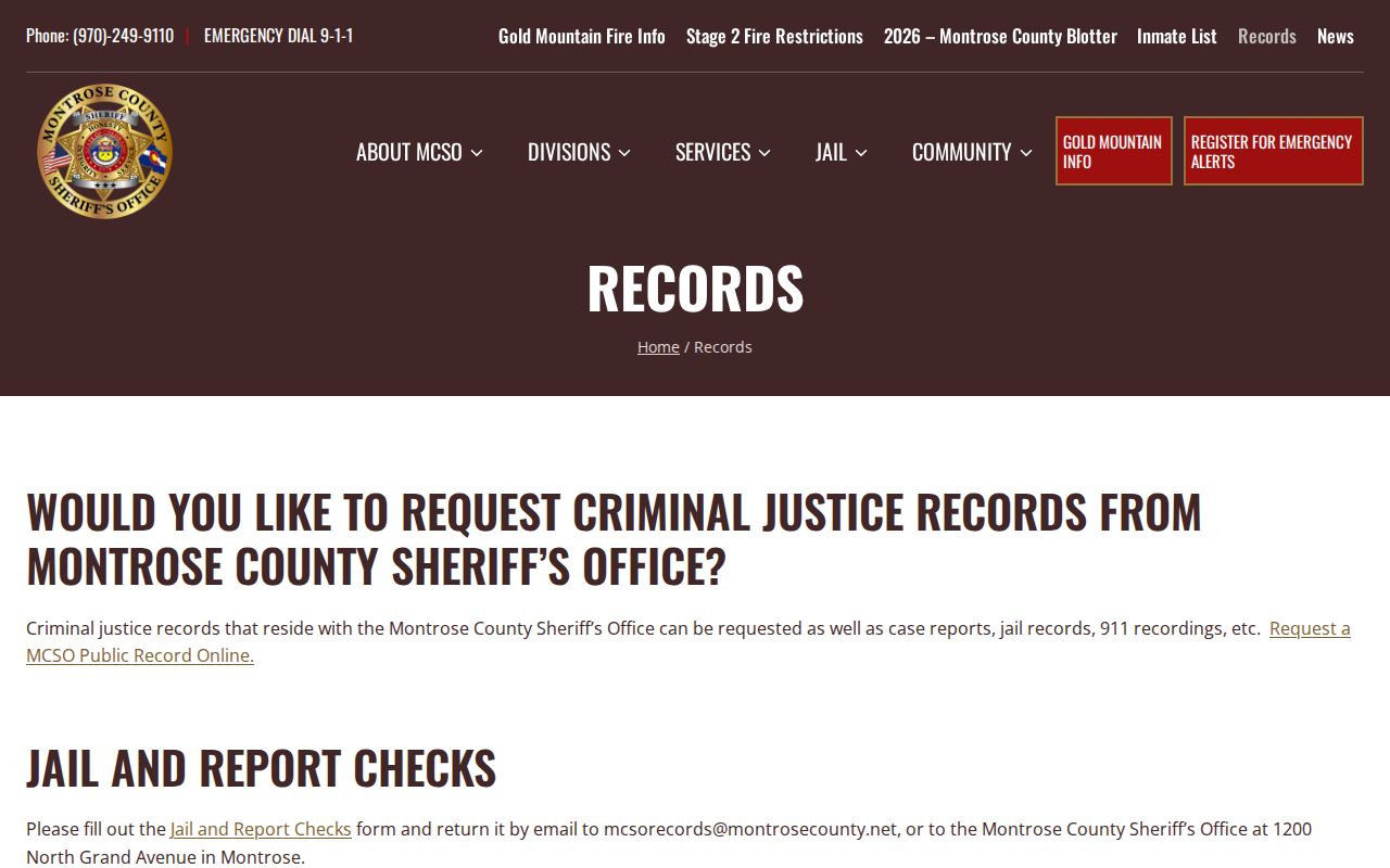 Ouray County warrant records and Montrose Sheriff records request channel